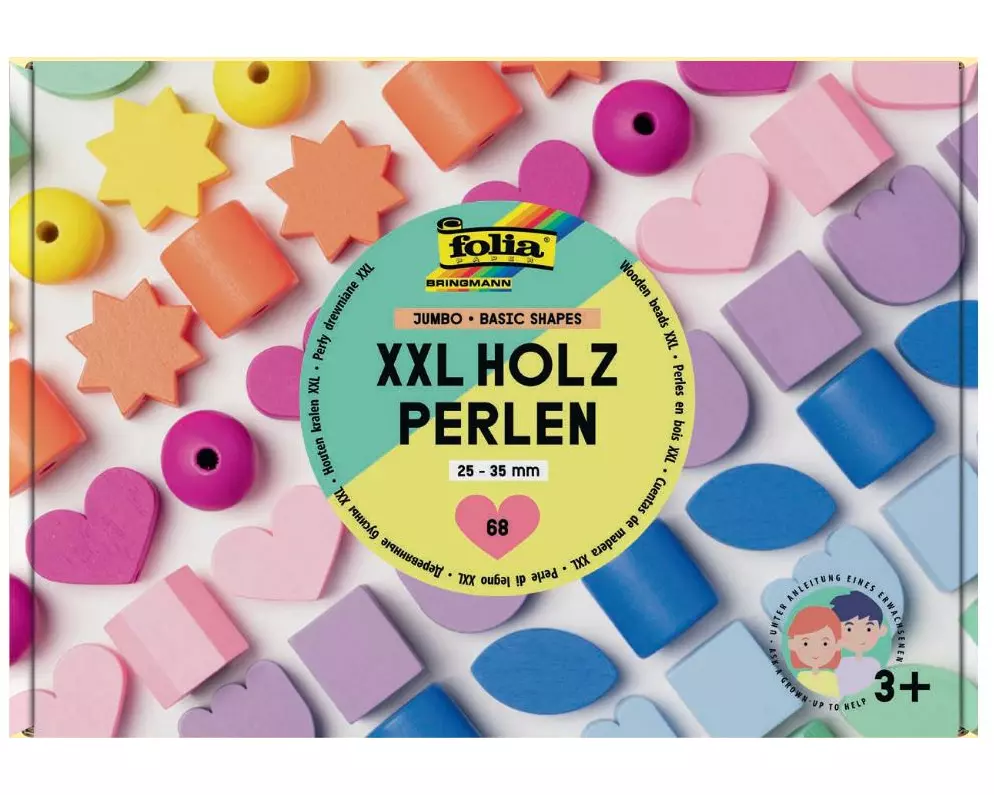 Folia XXL Holzperlen BASIC SHAPES Jumbo 25 - 35 mm, 68 Teile